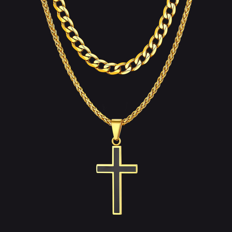 Cuban Curb Chain & Enamel Cross Layered Necklaces Set for