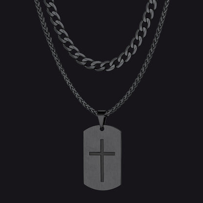 Cuban Chain & Joshua 1:9 Dog Tag Necklace Set for
