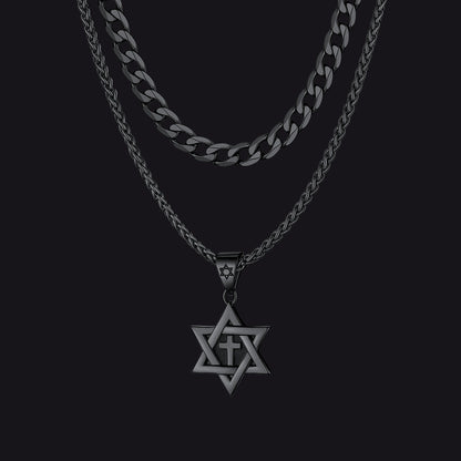 Curb Chain & Star of David With Cross Layered Necklaces Set for