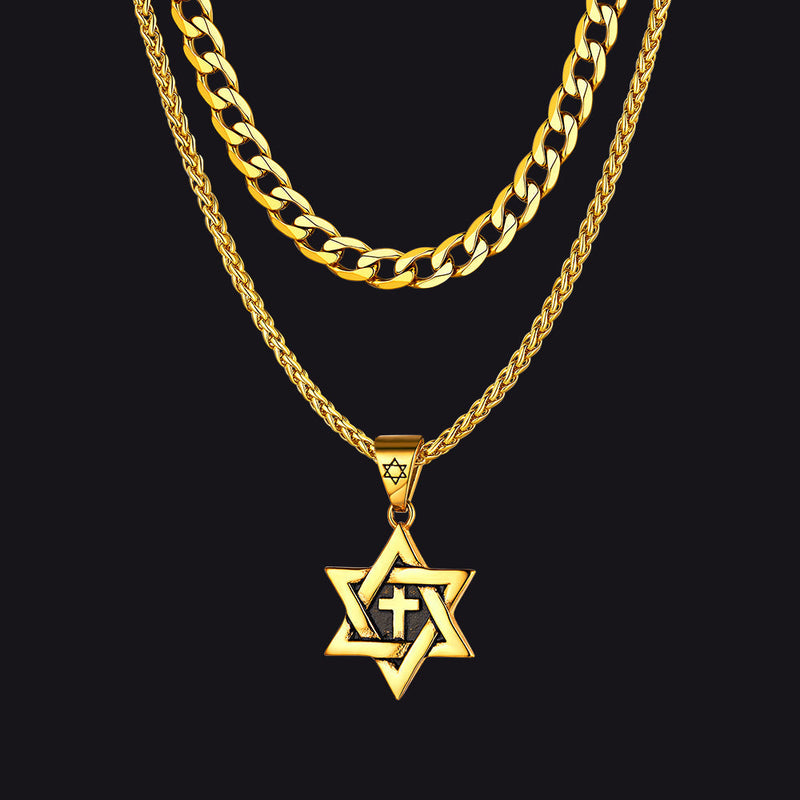 Curb Chain & Star of David With Cross Layered Necklaces Set for