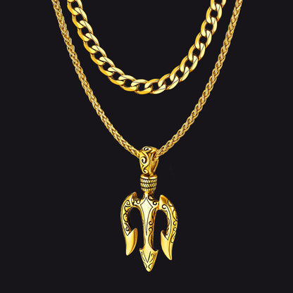 Poseidon Trident & Curb Chain Layered Necklaces Set for