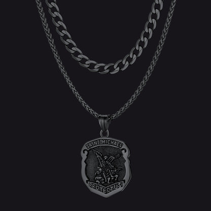 Cuban Chain & Saint Michael Necklace Layered Set for