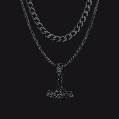 Cuban Curb Chain & Thor's Hammer Layered Necklaces Set for