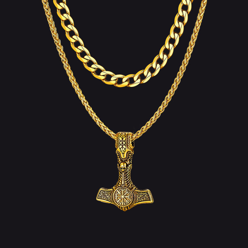 Cuban Curb Chain & Thor's Hammer Layered Necklaces Set for