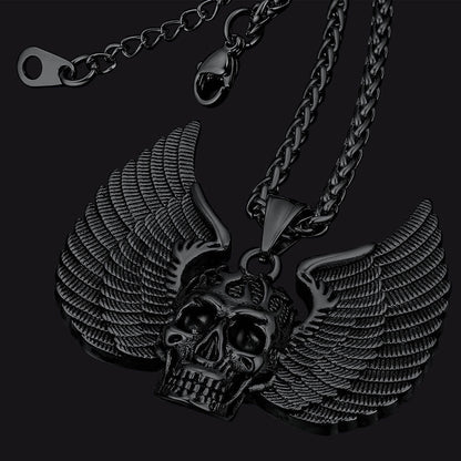 Gothic Flame Winged Skull Pendant Necklace for