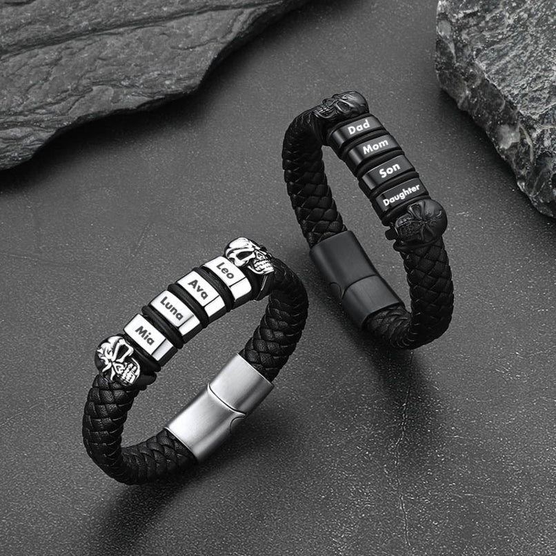 Personalized Name Beads Leather Bracelet With Skull for