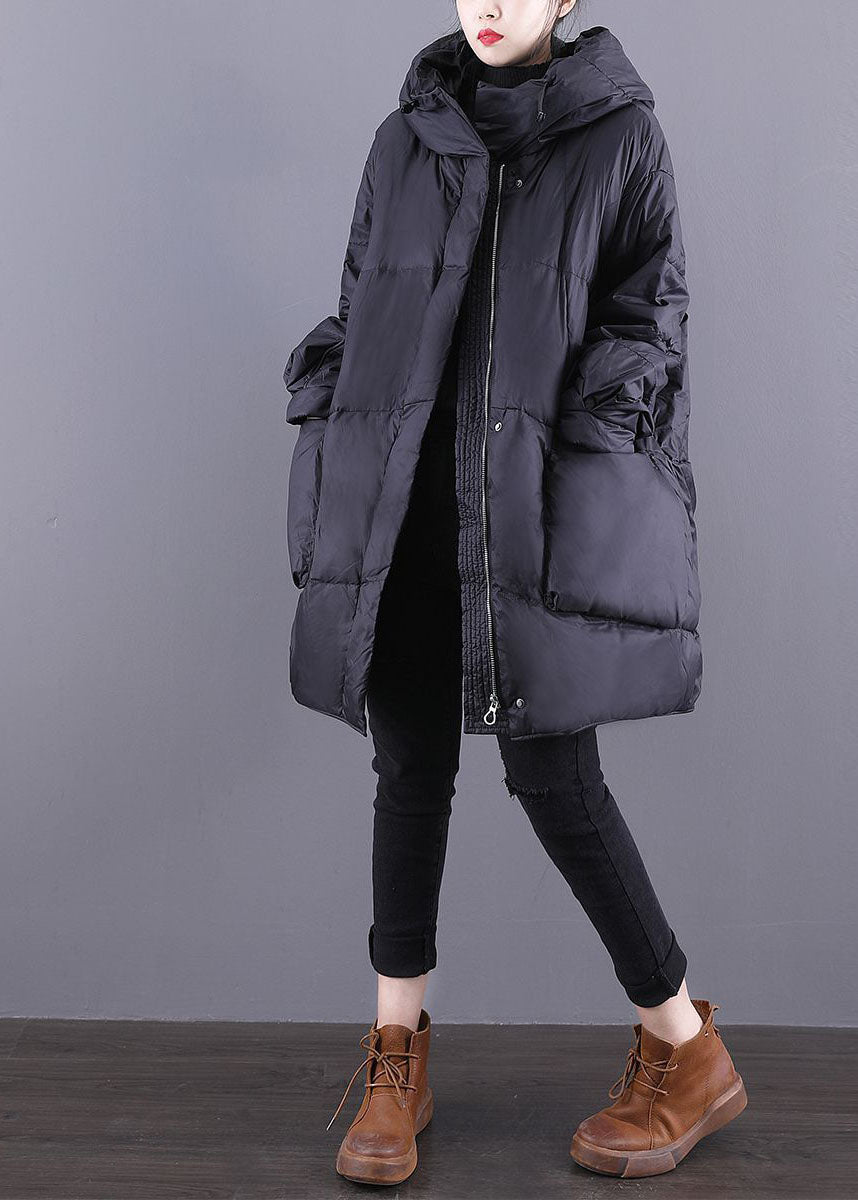 Black Hooded Drawstring Thick Duck Down Down Coats Winter