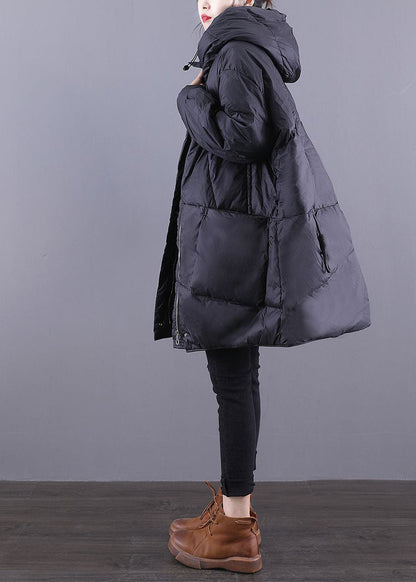 Black Hooded Drawstring Thick Duck Down Down Coats Winter
