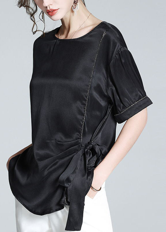 Black O-neck Drawstring Tie Waist Silk T Shirt Summer