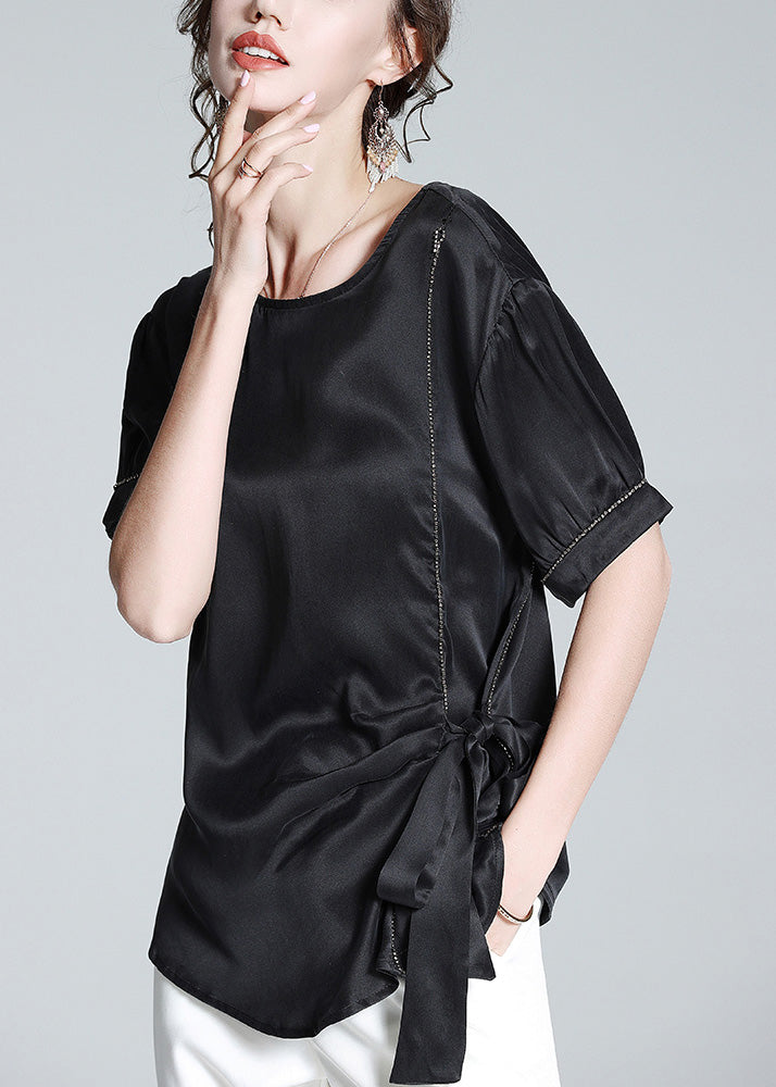 Black O-neck Drawstring Tie Waist Silk T Shirt Summer