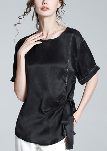 Black O-neck Drawstring Tie Waist Silk T Shirt Summer