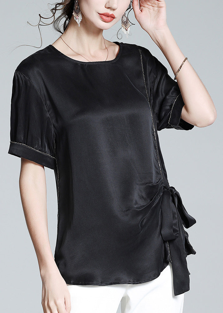Black O-neck Drawstring Tie Waist Silk T Shirt Summer