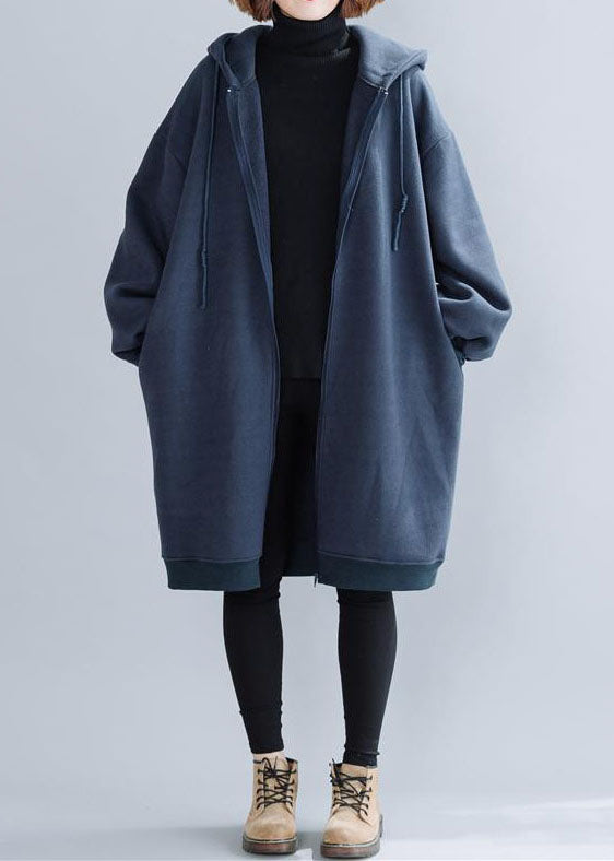 Blue Hooded Drawstring Pockets Warm Fleece Jackets Winter
