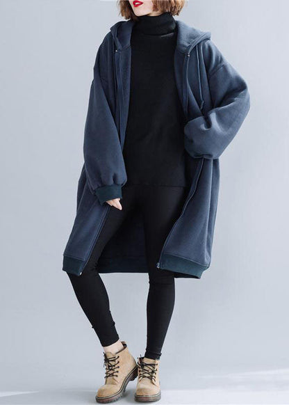 Blue Hooded Drawstring Pockets Warm Fleece Jackets Winter