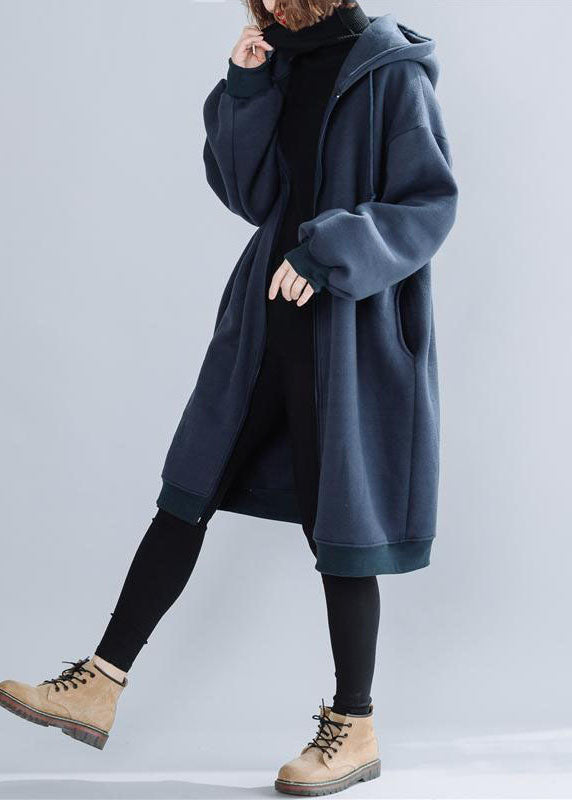 Blue Hooded Drawstring Pockets Warm Fleece Jackets Winter