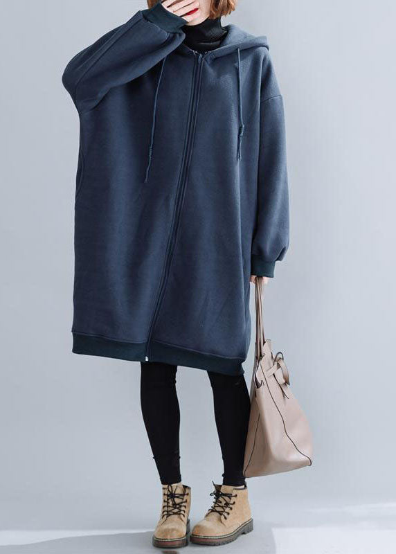 Blue Hooded Drawstring Pockets Warm Fleece Jackets Winter
