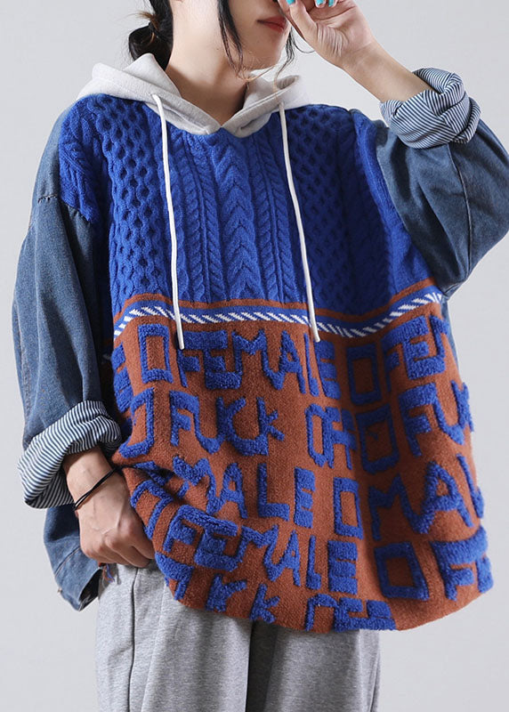 Blue Hooded Drawstring Denim Patchwork Sweater Winter