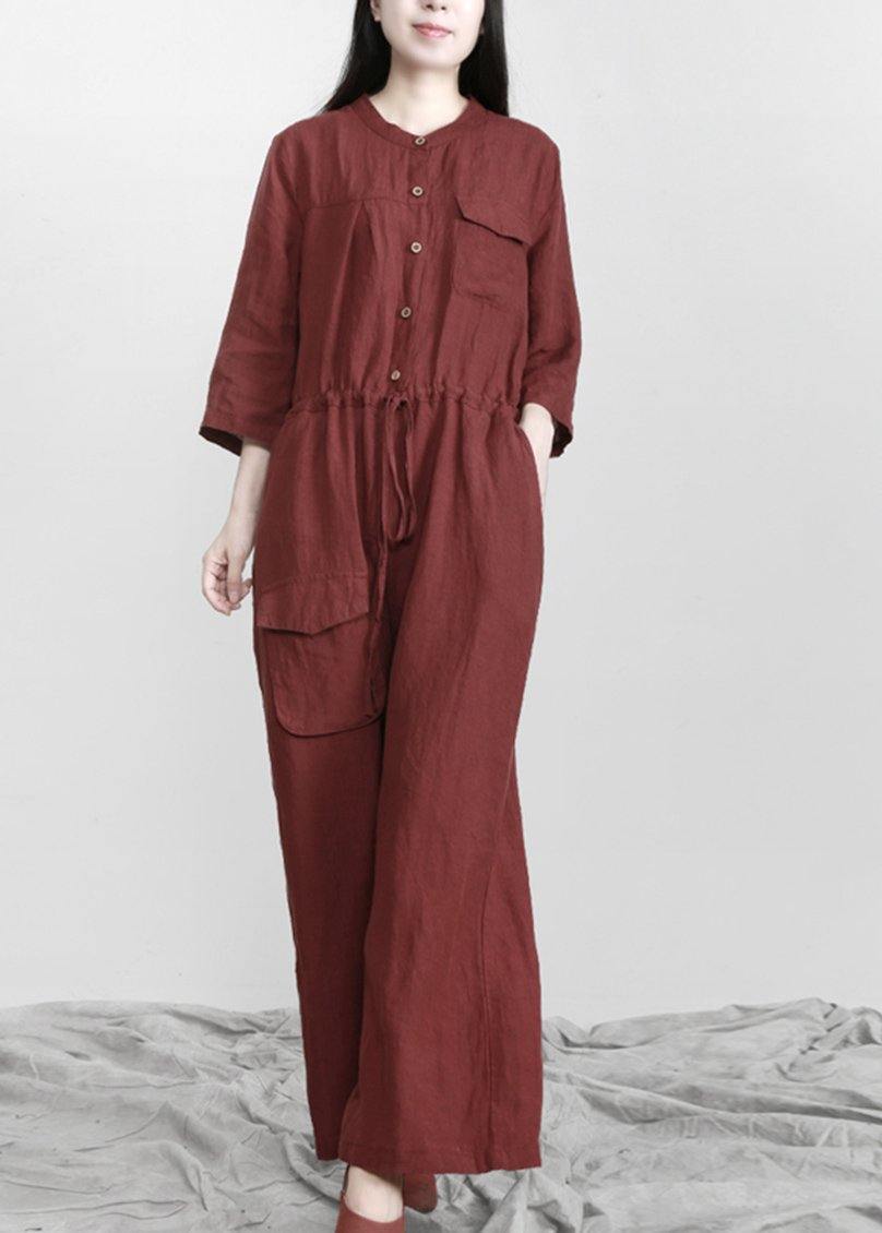 Burgundy Drawstring Half Sleeve Linen Body Suits Romper