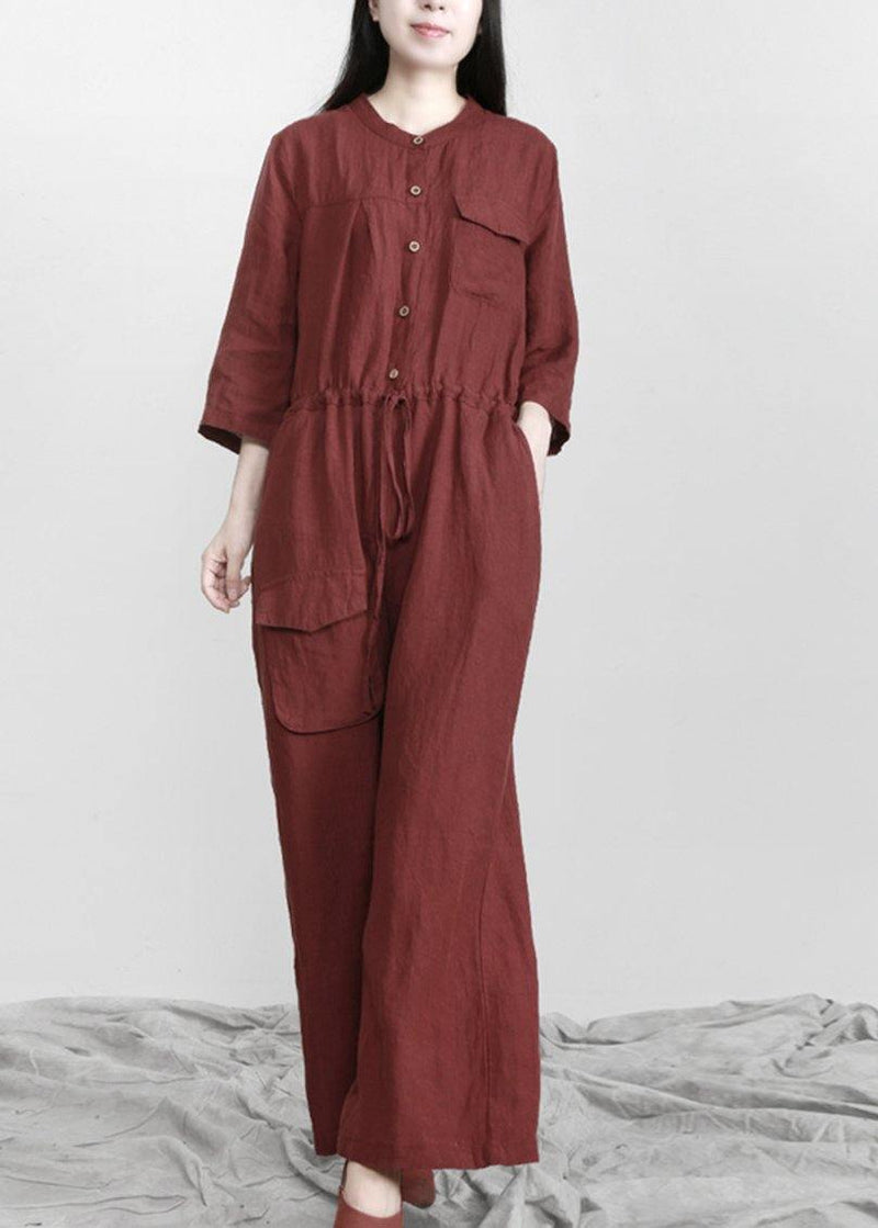 Burgundy Drawstring Half Sleeve Linen Body Suits Romper