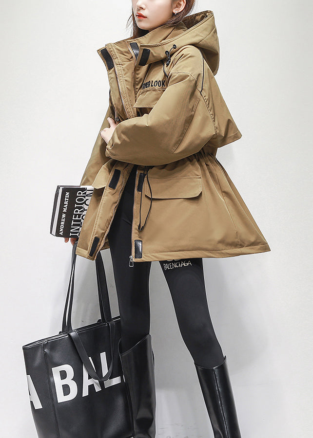 Coffee Hooded Pockets Drawstring Warm Fleece Jacket Winter