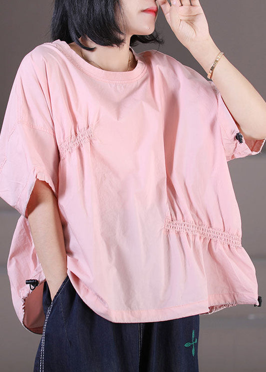 Pink Wrinkled Drawstring Cotton Pullover Sweatshirt Top Summer