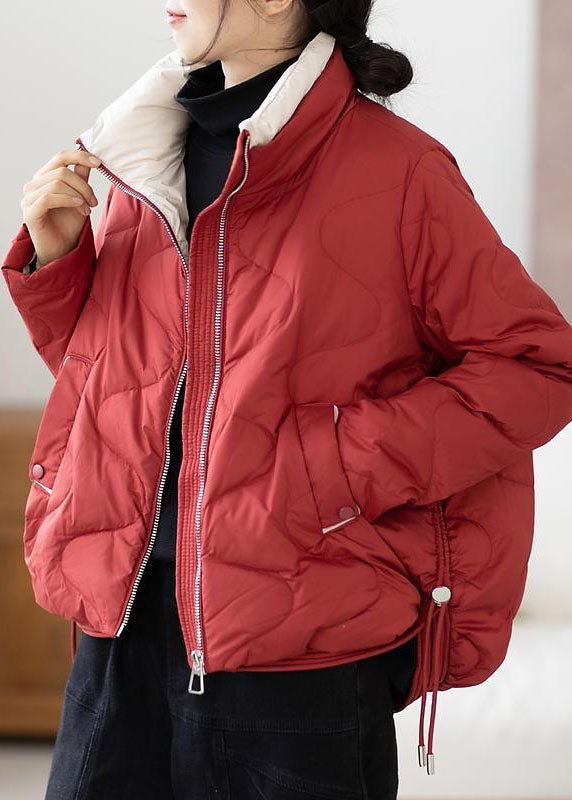 Red Stand Collar Zip Up Drawstring Duck Down Down Jacket Winter