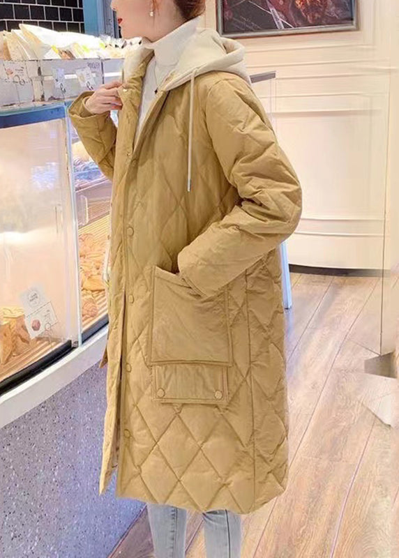 Yellow Pockets Patchwork Drawstring Button Hooded Parka Long Sleeve