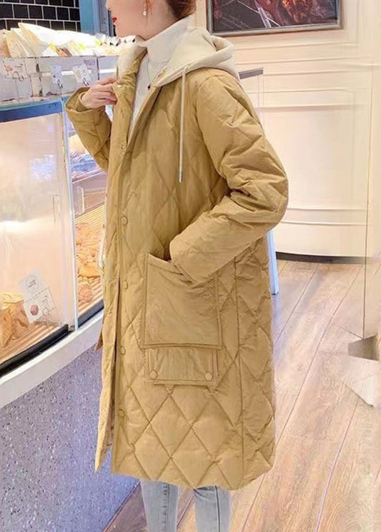 Yellow Pockets Patchwork Drawstring Button Hooded Parka Long Sleeve