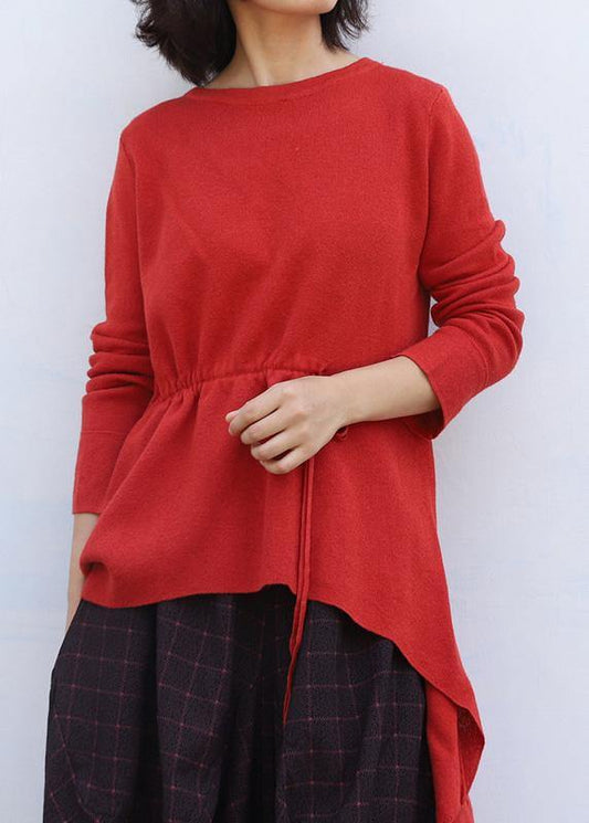 Pullover O Neck Red Knit Tops Drawstring Asymmetric Crane Tops