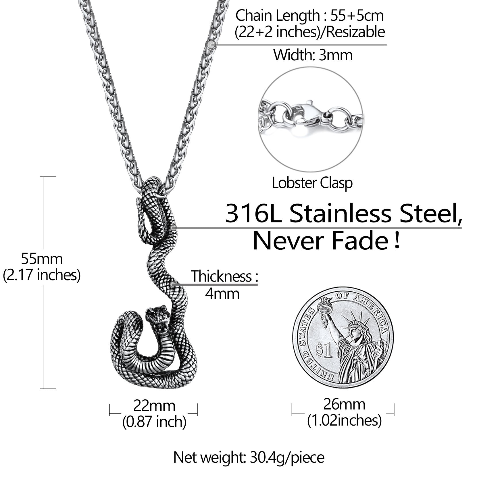 Flash Gothic Snake Pendant Necklace for