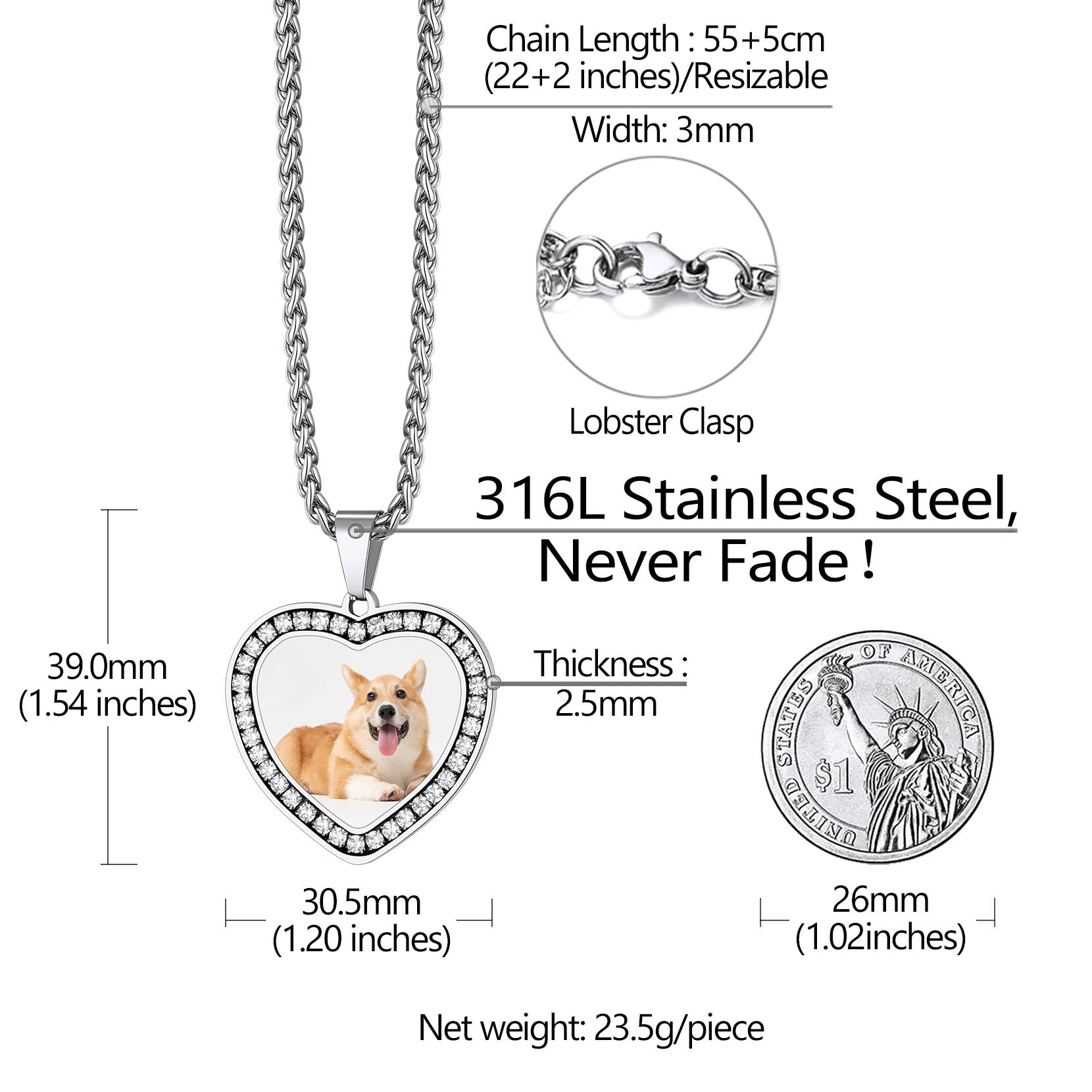 Customized Picture Heart Cubic Zirconia Necklace for