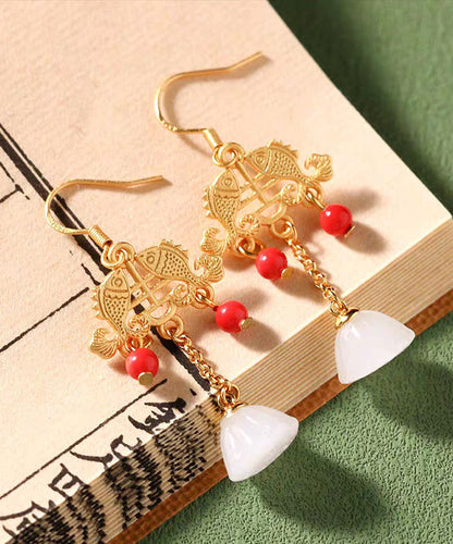 Regular Ancient Gold Inlaid Jade Gem Stone Lotus Flower Tassel Drop Earrings Kx1078