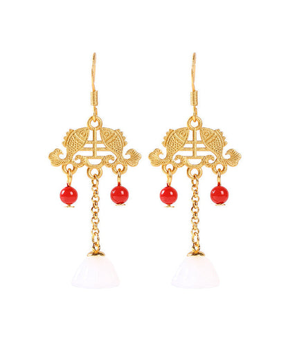 Regular Ancient Gold Inlaid Jade Gem Stone Lotus Flower Tassel Drop Earrings Kx1078