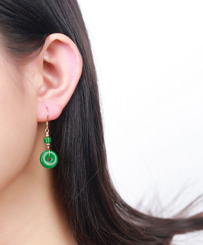 Regular Green Silver Overgild Jade Safety Buckle Drop Earrings Tw1009