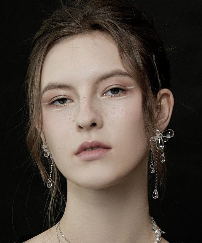 Regular Nude Copper Silvering Glass Bead Asymmetricar Tassel Drop Earrings