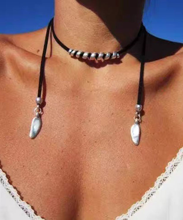 Retro Black Alloy Cotton Rope Necklace