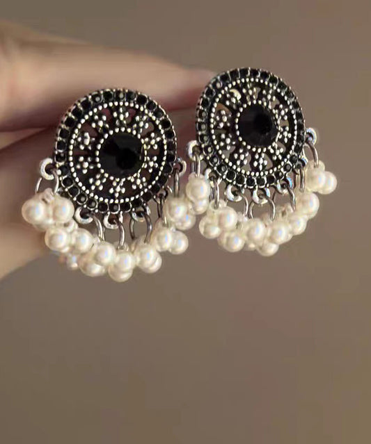 Retro Black Stelring Silver Zircon Hollow Out Pearl Tassel Stud Earrings