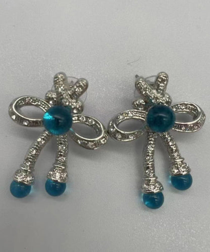 Retro Blue Sterling Silver Crystalcoloured Glaze Bow Stud Earrings Df1009