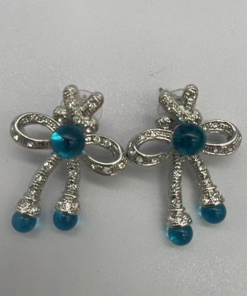 Retro Blue Sterling Silver Crystalcoloured Glaze Bow Stud Earrings