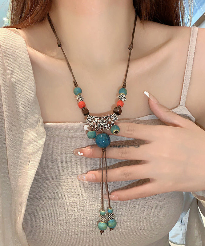 Retro Brown Alloy Ceramic Hemp Rope Tassel Pendant Necklace Ii014