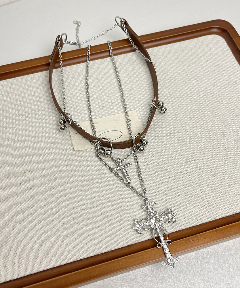 Retro Brown Alloy Leather Crystal Zircon Cross Pendant Necklace