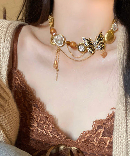 Retro Gold Copper Zircon Crystal Resin Pearl Pendant Necklace Yu016