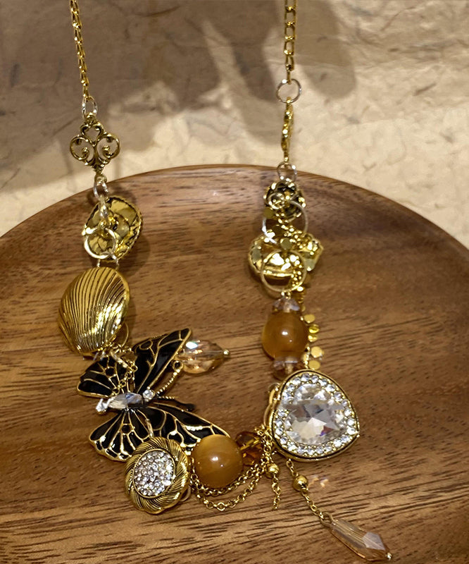 Retro Gold Copper Zircon Crystal Resin Pearl Pendant Necklace Yu016