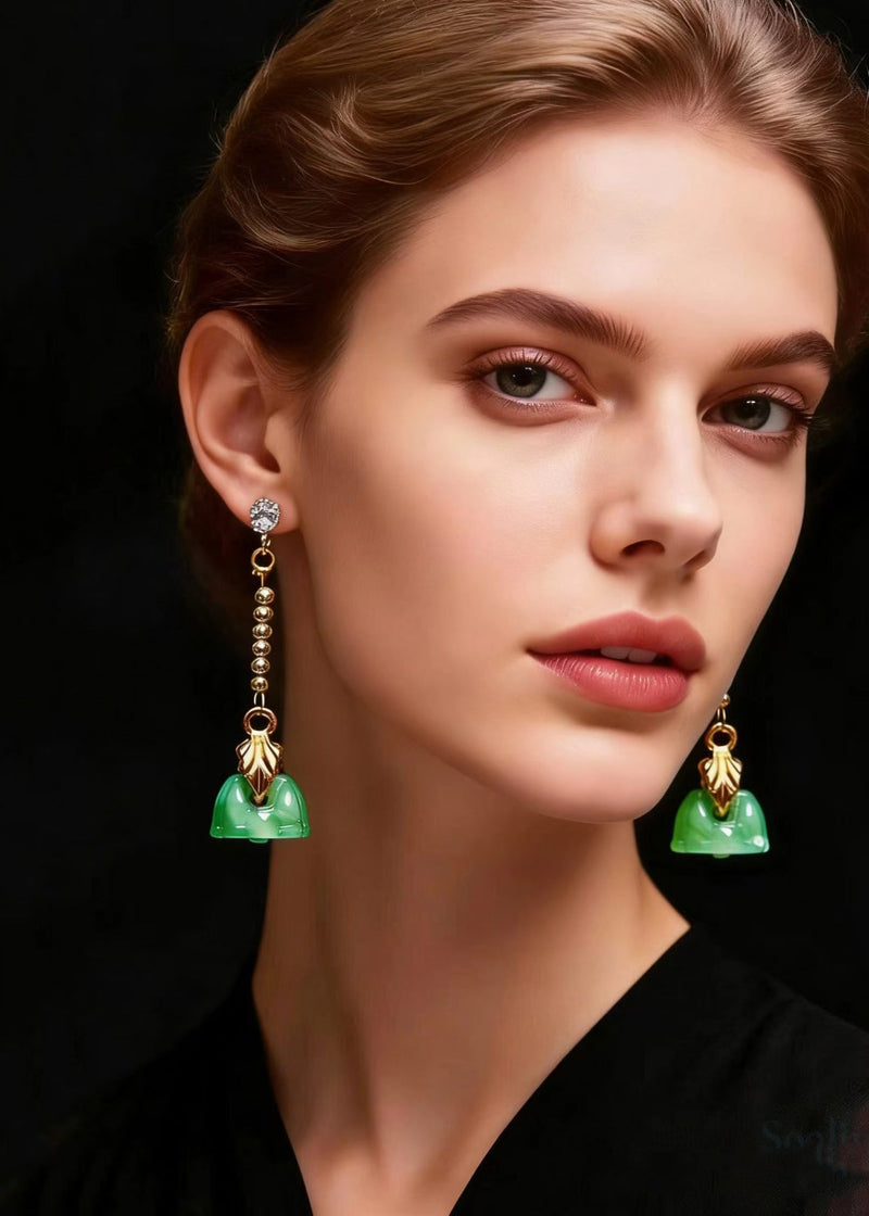 Retro Green Lotus Seedpod Jade Gilding Drop Earrings