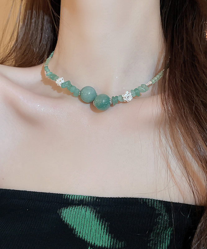 Retro Green Sterling Silver Overgild Jade Zircon Crystal Beading Gratuated Bead Necklace Ab1092