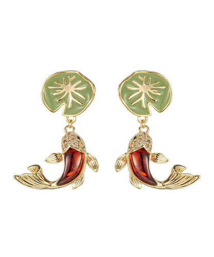 Retro Green Sterling Silver Overgilid Lotus Leaf Koi Drop Earrings Tw1042