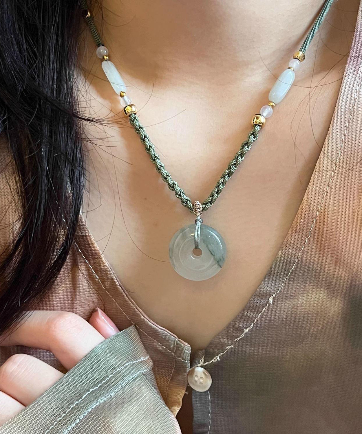 Retro Green Weaving Jade Ping an Buckle Pendant Necklace Tx039