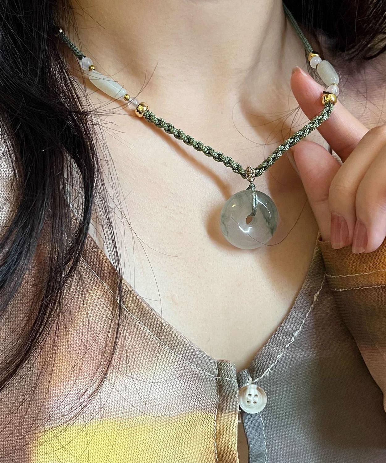 Retro Green Weaving Jade Ping an Buckle Pendant Necklace Tx039