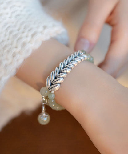Retro Light Green Jade Silver Wheat Ear Chain Bracelet