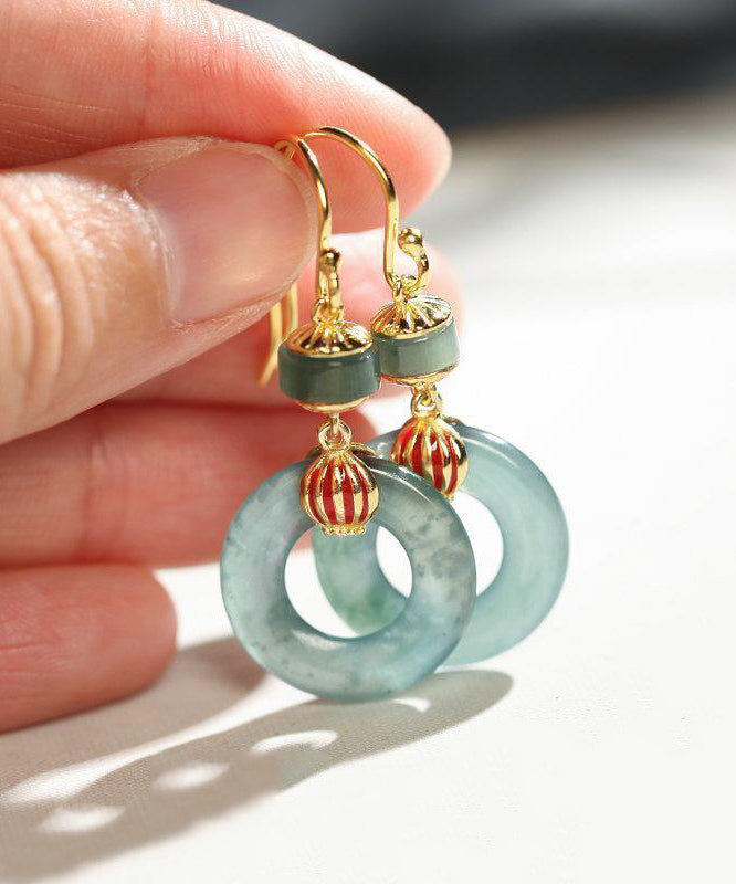 Retro Light Green Sterling Silver Overgild Jade Enamel Ping Buckle Drop Earrings Gh1011